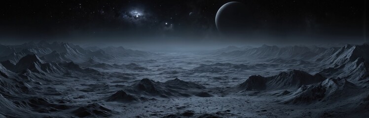 Expansive panoramic view of desolate lunar surface. Dramatic night sky features celestial bodies, galaxies, distant planets. Textured moon landscape with craters evokes sense of unknown, vastness,