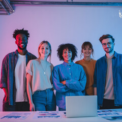 A group of people are posing for a photo in front of a laptop. Scene is happy and friendly, as everyone is smiling and looking at the camera