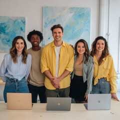 A group of people posing for a photo in front of a table with laptops. Scene is cheerful and friendly, as the group of people are smiling and posing together