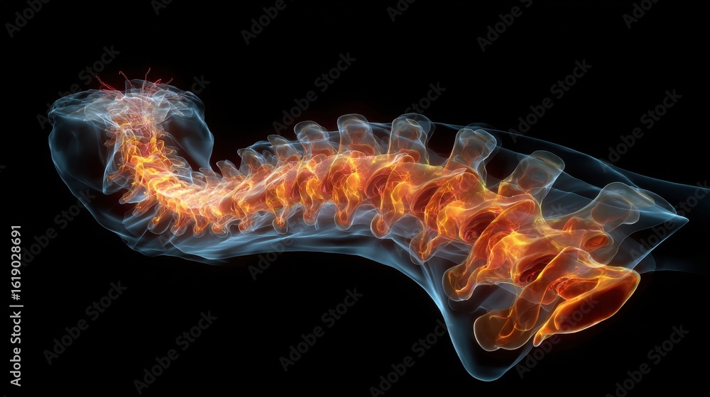Poster mri scan simulation highlighting disc extrusion causing inflammation and pressure on the spinal cord