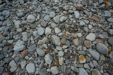 Collection of smooth pebbles scattered across a riverbank at sunrise in a serene natural landscape