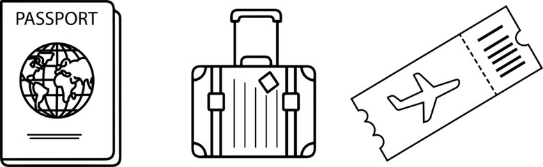 Travel & Tourism Essentials Vector Icons: Passport, Luggage, and Airplane Ticket for Journey, Vacation & International Trip Concepts