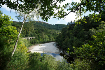 A tranquil riverside view surrounded by lush greenery and hills during a sunny day in a serene natural landscape