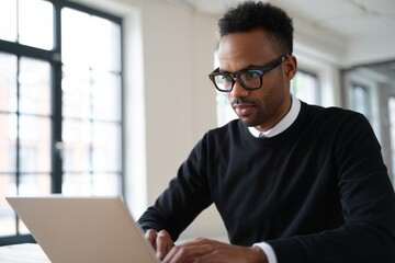 Focused African American Businessman Working on Laptop at Desk