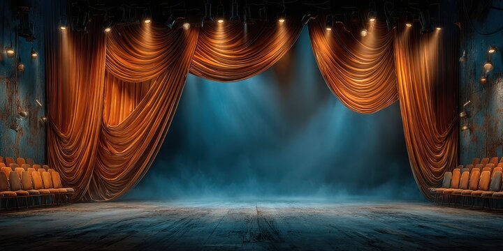Empty theater stage with elegant curtains and spotlight in dimly lit ambiance