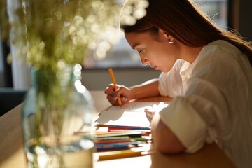 Focused Woman Drawing with Colored Pencils by a Window