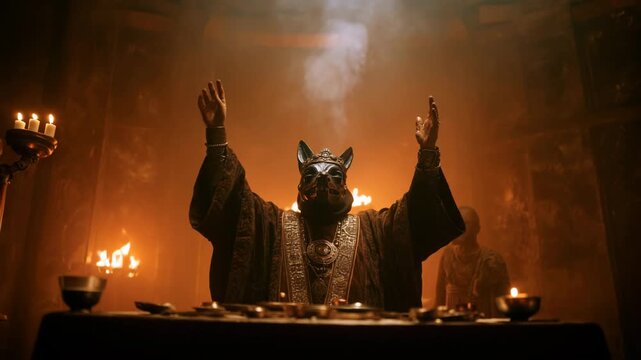 Cinematic shot of a high priest in black jackal mask and robes raising hands over altar with burning incense