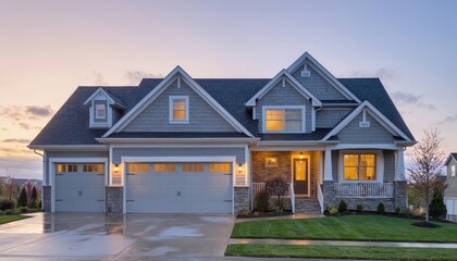 Modern suburban house with garage, grey siding, illuminated windows at twilight. Features manicured lawn, paved driveway, and welcoming entrance. Peaceful residential neighborhood scene during dusk.