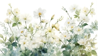 Delicate white watercolor flowers bloom with green leaves against a clean white background. This illustration style evokes nature and simplicity, perfect for floral designs or decorative elements.