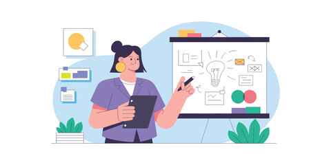 Presenter standing by whiteboard with clipboard and marker during brainstorming session, symbolizing planning, idea generation, and strategy