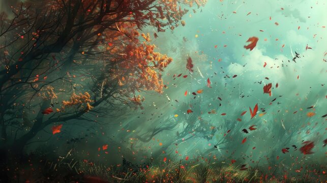 A strong wind is blowing in an open area, leaves and dust are flying chaotically. The day of the wind. - Powered by Adobe