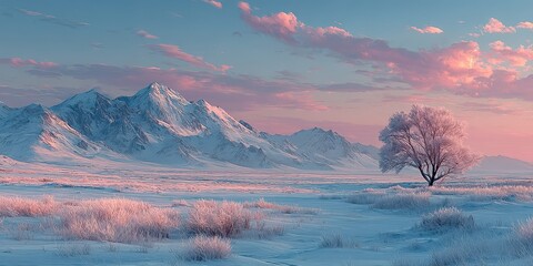 Majestic winter landscape featuring snow-capped mountains and a solitary tree at sunset