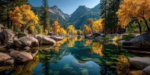 Vibrant autumn landscape reflects in a tranquil river surrounded by mountains and golden trees