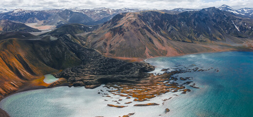 Aerial view of Iceland's highlands with vibrant rhyolite mountains, a turquoise lake, lava fields, snow patches, and a partly cloudy sky.