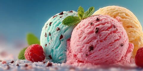 Colorful scoops of ice cream with raspberry and mint garnishes displayed on a frosty surface