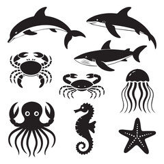 Fototapeta premium A captivating collection of marine creatures in silhouette, featuring dolphins, sharks, crabs, jellyfish, octopus, seahorse, and starfish, isolated on white background