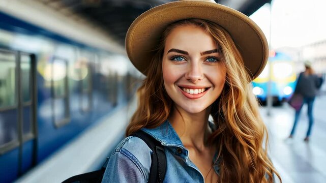 Smiling Traveler: A radiant woman with long flowing hair and a stylish hat exudes joy and anticipation as she prepares for her travel journey at a train station.