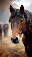 Horse standing in a misty landscape with a soft background of grazing companions at dawn