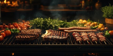 Grilling a variety of meats and vegetables at a backyard barbecue during a warm summer evening