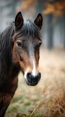Close-up view of a horse standing in a forest during the autumn season capturing the serene beauty of nature