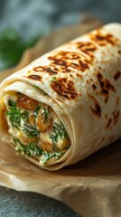 Deliciously grilled wrap filled with fresh herbs and savory chicken ready to be enjoyed