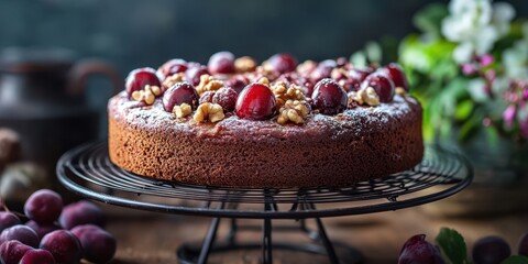 Delicious homemade cake decorated with fresh cherries and walnuts, photographed in a rustic kitchen setting during afternoon light