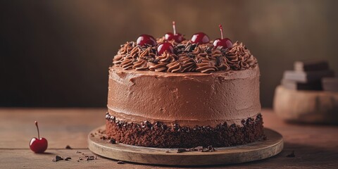 Chocolate cake topped with cherries and chocolate shavings on a wooden table in a cozy setting