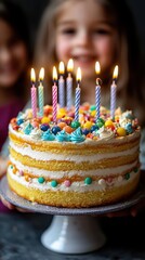 Children celebrate with a colorful birthday cake featuring candles and decorations at a festive indoor party