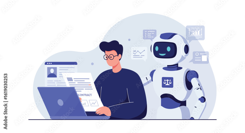 Poster ai collaboration in the workplace: man and robot analyzing data with digital tools
