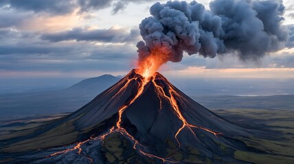 Dramatic volcano erupts with fiery lava flow against a stunning twilight sky in remote Iceland