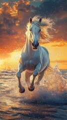 Majestic white horse splashes through ocean waves at sunset on a serene beach