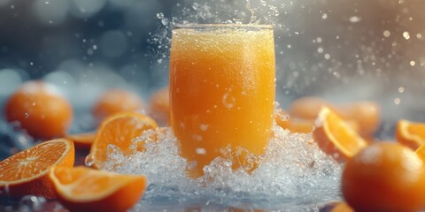Fresh orange juice splash with fruit slices around in a refreshing setting