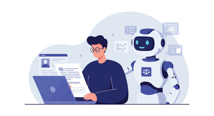 Ai collaboration in the workplace: man and robot analyzing data with digital tools
