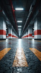 Dark underground parking structure with illuminated pathways and striped columns in urban setting