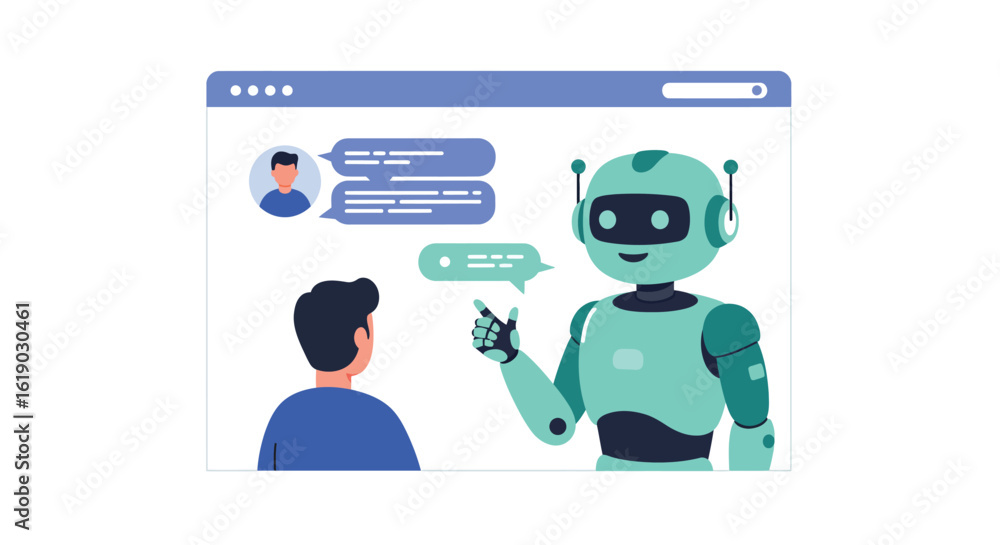 Poster chatbot interaction online with robot and user in browser window
