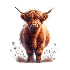 Highland Cow Amidst Flowers: An enchanting illustration of a Highland cow, with its shaggy coat and majestic horns, standing amidst delicate wildflowers, a vibrant tribute to the beauty of rural life. © Prime vector