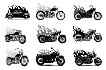 Vehicles with fire elements including classic cars and motorcycles in black and white minimalist design