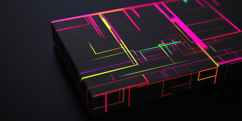 Abstract neon circuit pattern on black surface with glowing geometric design