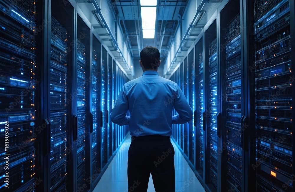 Poster cybersecurity administrator monitors data center servers. professional expert maintains cloud infras