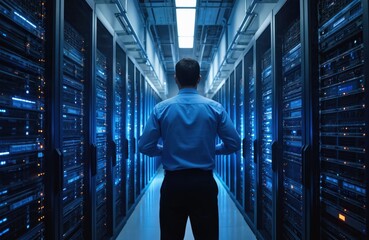 Cybersecurity administrator monitors data center servers. Professional expert maintains cloud infrastructure, network systems. Tech specialist works in secure office, managing digital hardware,
