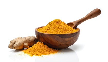 Golden turmeric powder heaped in wooden bowl with root alongside. Natural spice for health, wellness, cooking, and natural remedies. Bright yellow powder isolated on white.