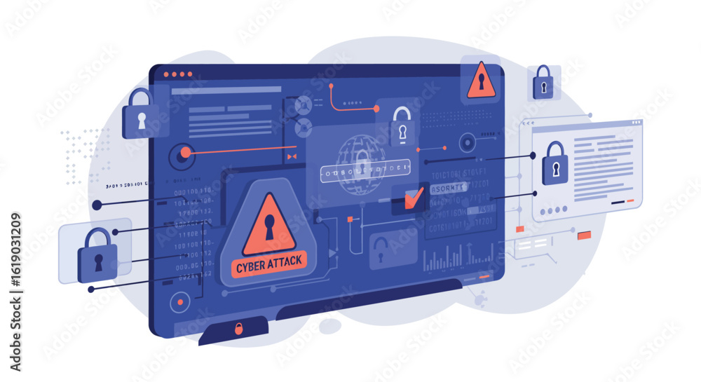 Poster isometric cybersecurity concept with laptop displaying cyber attack alert and security icons