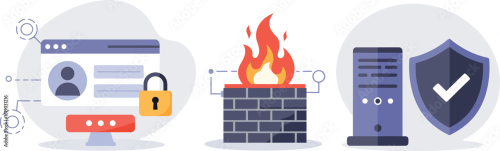 Poster cybersecurity concepts: firewall protection and secure data access with shield and lock icons