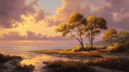 Morning light drapes the forest and sea in radiant golden tones of serenity