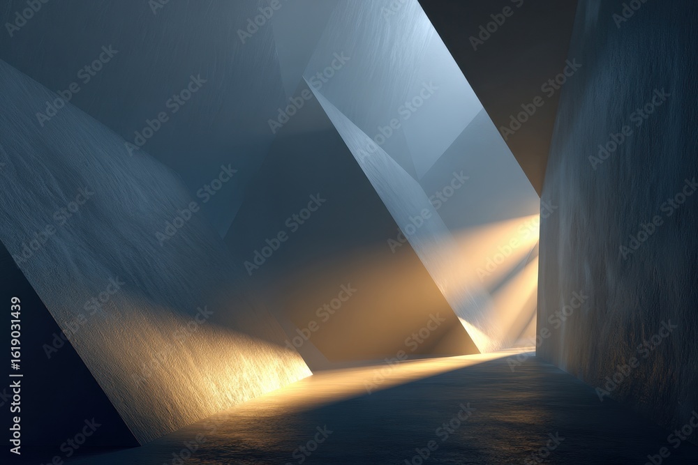 Poster light streams into modern architecture, casting dynamic shadows and illuminating the space