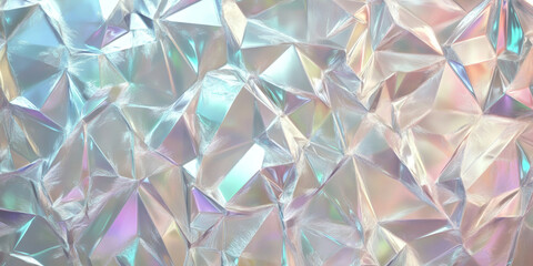Iridescent faceted abstract surface with glowing pink, blue, green and purple geometric reflections