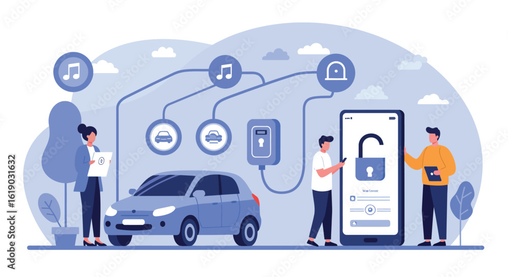 Poster smart car remote access with mobile app connection in flat design