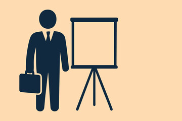Business presentation template features professional speaker with briefcase and blank presentation board - vector illustration
