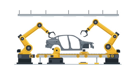 Automated assembly line with industrial robotic arms building car frame