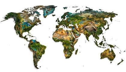 Creative world map displays diverse Earth ecosystems, landscapes. Continents show varied terrain, forests, deserts, water bodies, representing nature beauty. Useful for geography, education, travel